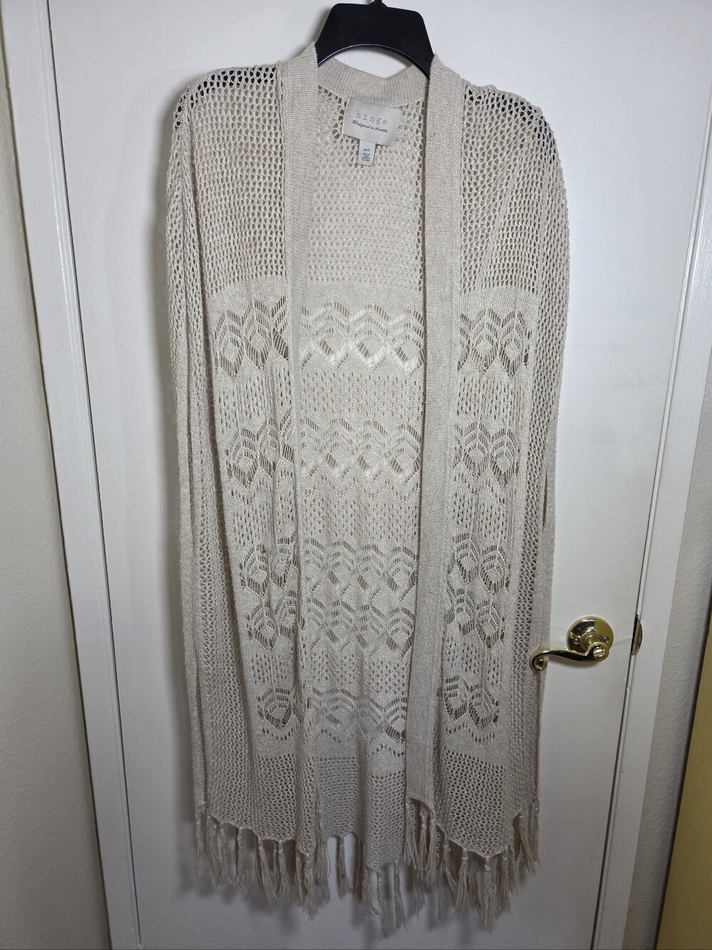 Hinge Nordstrom Crochet Knit Duster Cardigan Sweater Fringe Boho Cream Beige M/L